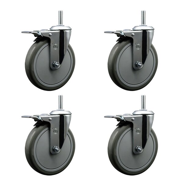 6 Inch Gray Polyurethane Swivel 58 Inch Threaded Stem Caster Set with Total Lock Brake